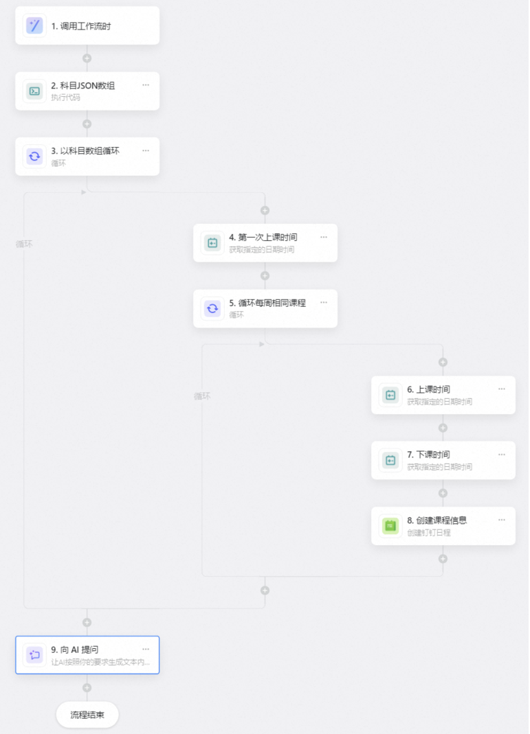 钉钉平台中的批量课表导入工作流截图