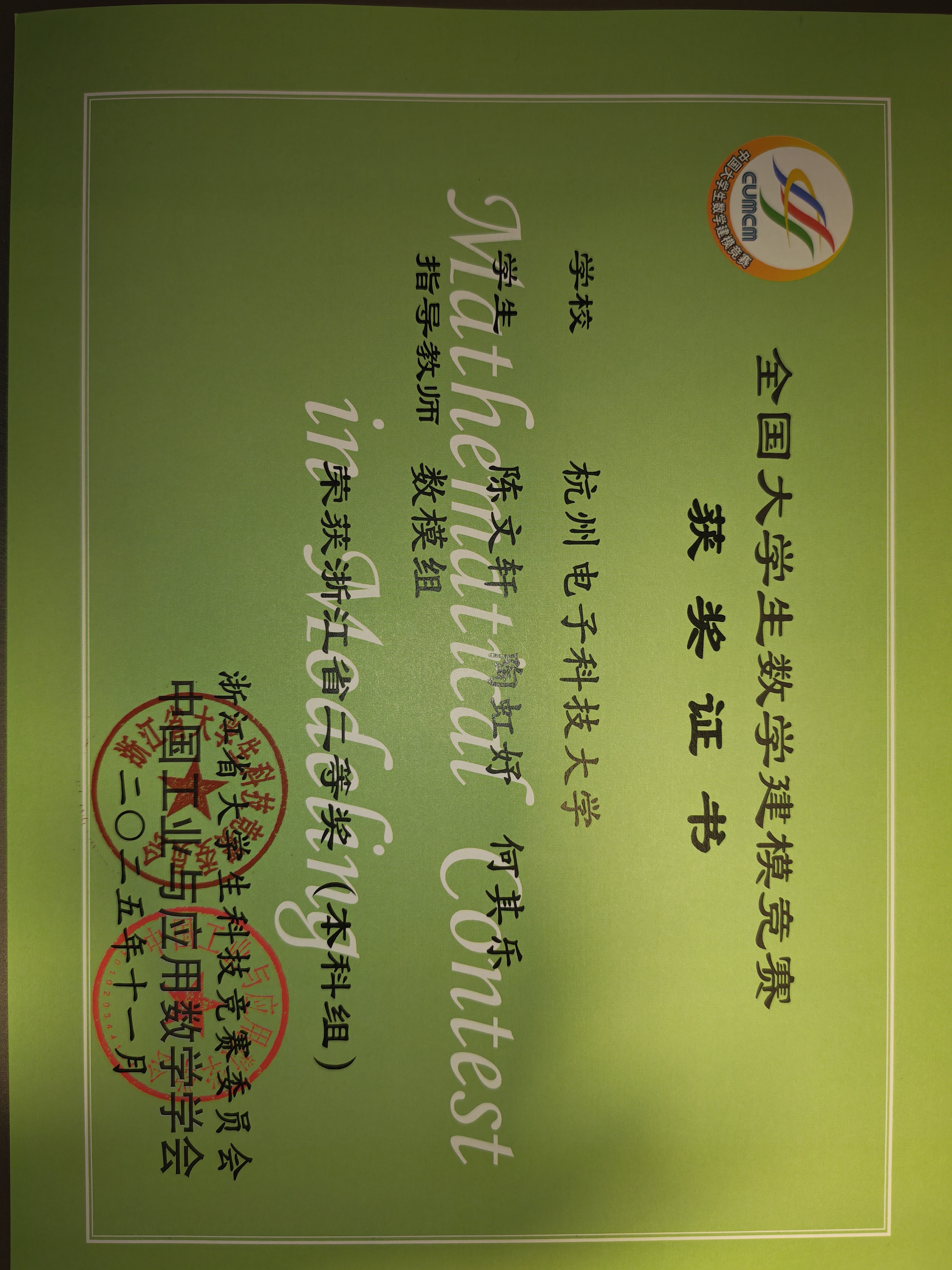 全国大学生数学建模竞赛省二等奖证书